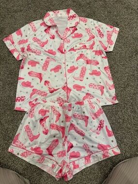 Pink Cowboy Boot Print Pajama Set